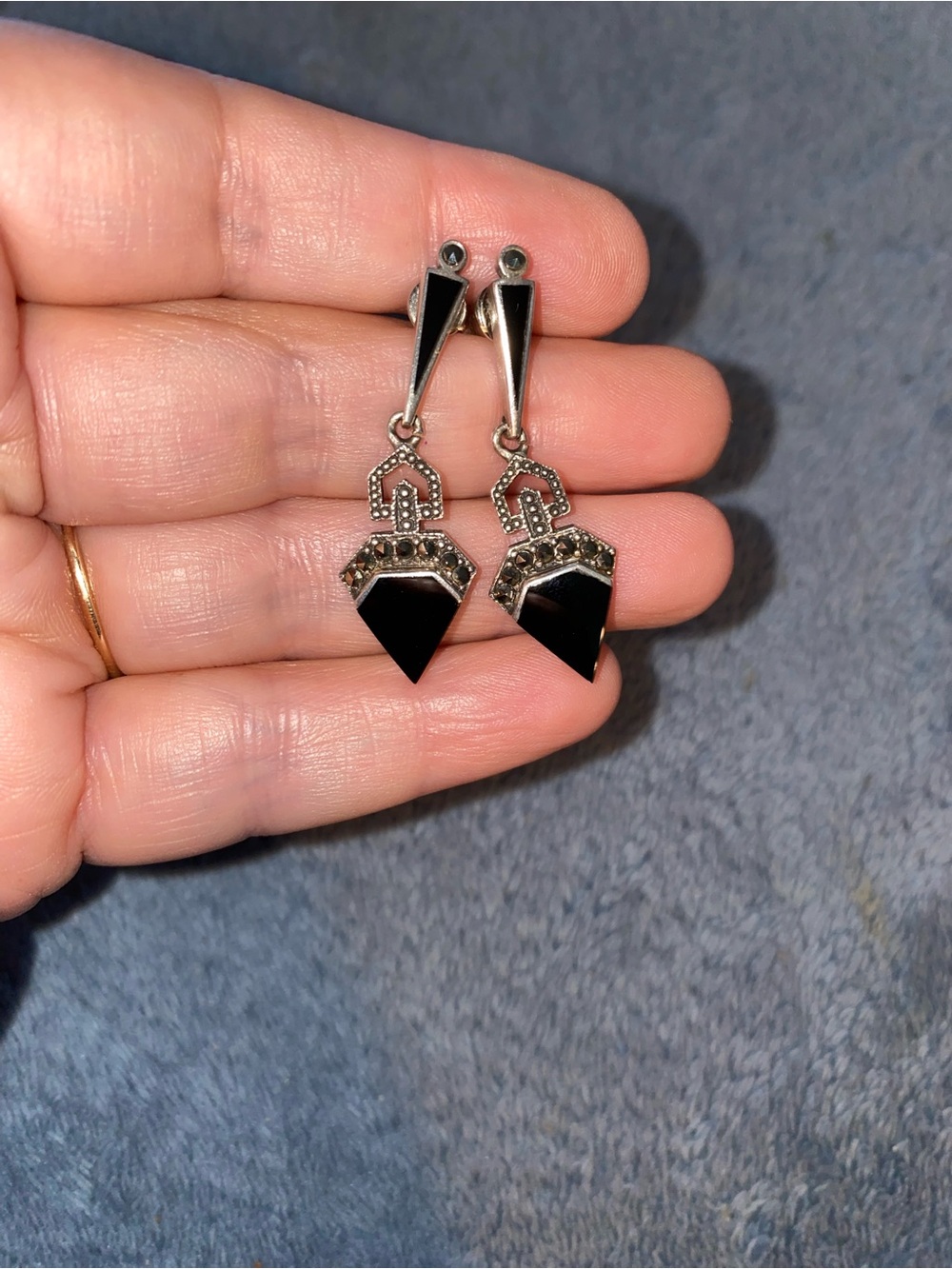 Sterling Silver, Black Onyx, and Marcasite Art Deco Earrings
